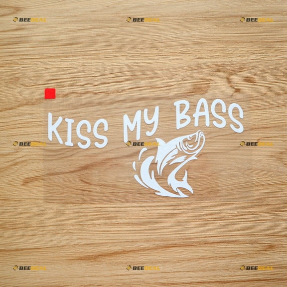 Kiss My Bass Fish Fishing Sticker Decal Vinyl - White 7 Inches - No Background Die Cut for Car Boat Laptop