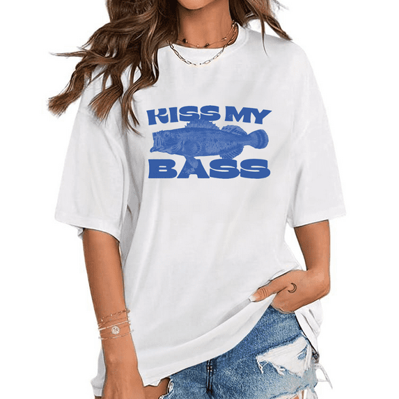 Kiss My Bass Fishing Graphic Tees Funny Fisherman Print T-shirts Outdoor Humor Casual Tops Short Sleeve Vintage Shirts for Daily Outfits White,5XL