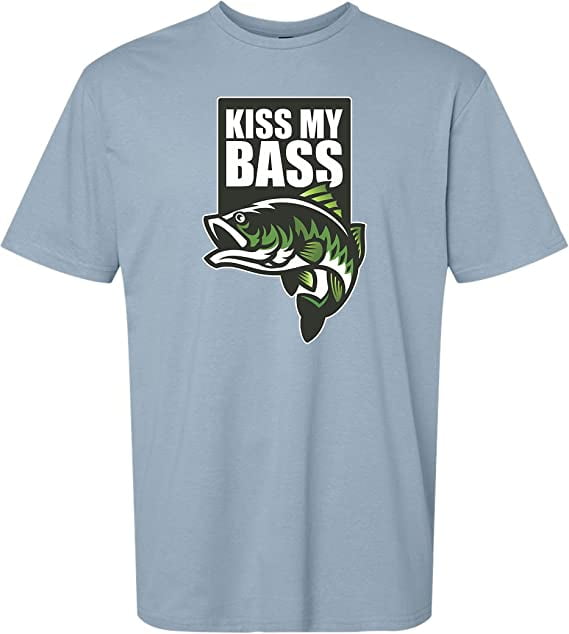 Kiss My Bass Funny Fishing T Shirt (Large, Stone Blue)