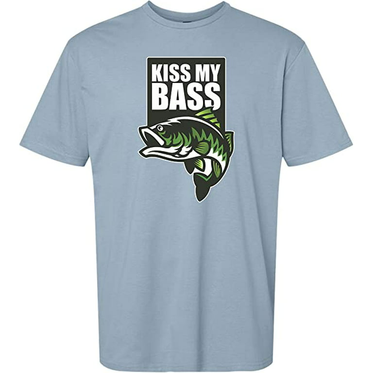 Kiss My Bass Funny Fishing T Shirt (Large, Stone Blue)