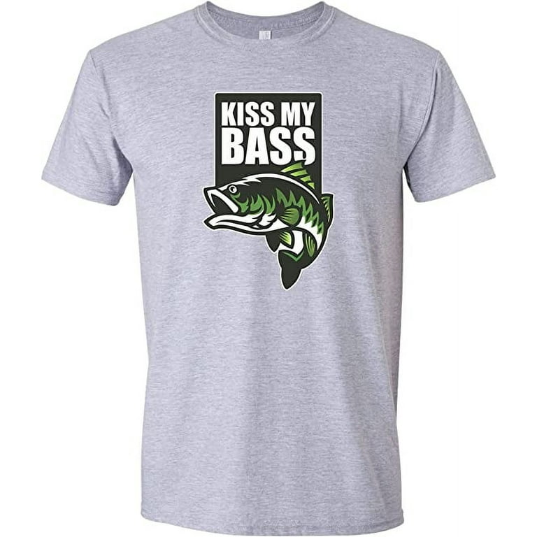 Kiss My Bass Funny Fishing T Shirt (Medium, Light Gray)