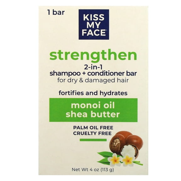 Kiss My Face Strengthen 2-in-1 Shampoo + Conditioner Bar, For Dry & Damaged Hair,  Monoi Oil & Shea Butter, 1 Bar, 4 oz (113 g)