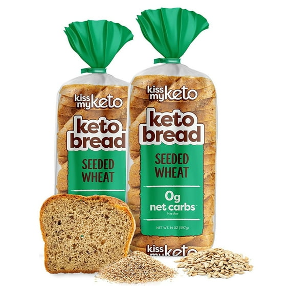Kiss My Keto Bread Zero Carb (0g-Net) – Wheat Bread Loaf, Low Calorie Bread – Sugar Free Bread & High Protein Bread – Thin Sliced Bread, Sandwich Bread Whole Wheat (Seeded Wheat, 2-pack)