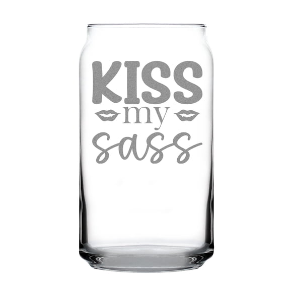 Kiss My Sass Hand Engraved 16oz Can Shaped Pint Glass, Fun Etched Beer Unique Drinking for Friends