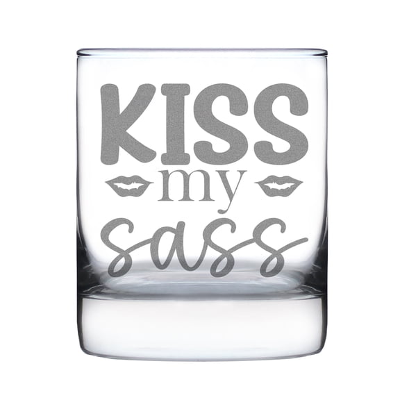 Kiss My Sass Rocks Glass, Hand Engraved 10oz Funny Etched Glassware, Unique Bar , Humorous Whiskey Glass