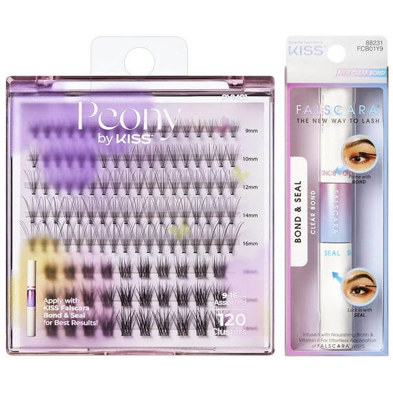 Kiss Peony False Eyelashes, Cluster Lashes, Misty Haze, Black, 9mm-16mm, 120 Pieces and Kiss FALSCARA Bond & Seal for Lash Clusters, Adhesive Form Clear, Net Wt. 8.7 G (0.29 oz.)