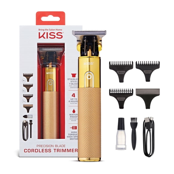 Kiss Precision Blade Cordless Hair Trimmer, Stainless Steel T-Blade, High-Speed Motor, Gold, 8 Pieces