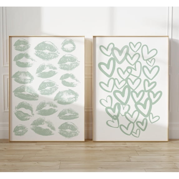 Kiss Print Set Sage Green Hearts Wall Art Kiss Lips Green Trendy Preppy Set 2 Unframed Paper Print 20x30