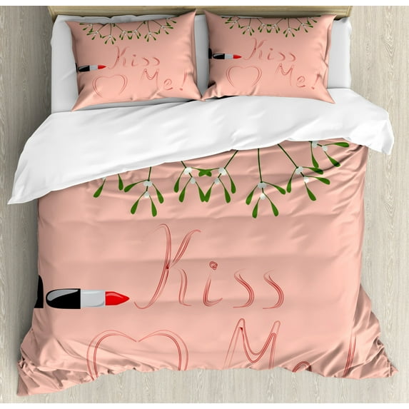 Kiss Me Queen Size Duvet Cover Set, Christmas Themed Mistletoe Motif with Lipstick Quote Romantic Design, Decorative 3 Piece Bedding Set with 2 Pillow Shams, Blush Vermilion Green, by Ambesonne