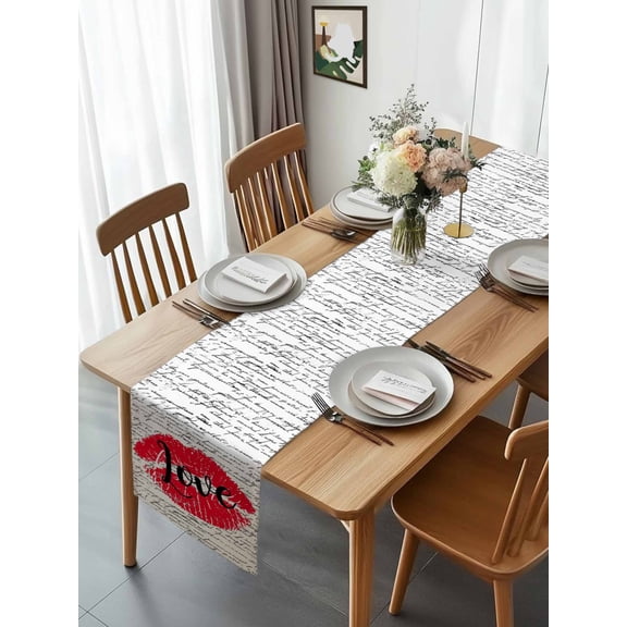 Kiss Red Lip Print Love Word Table Runner 13x70in Non-Slip Cotton Linen Table Runners, Retro Letter White Black Dresser Scarves TableRunner for Dinner Kitchen Dining Wedding Party