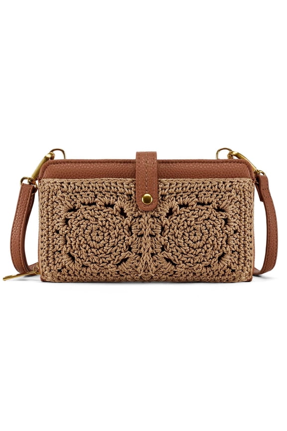 Straw Wristlet Wallet for Women RFID Purses Vintage Leather Crossbody Purse with Built in Wallet Dark Brown A101