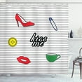 thumbnail image 1 of Kiss Me Shower Curtain, Retro Style Sticker Design Shoe Cup Pin and Red Lips on Monochrome Stripes Backdrop, Fabric Bathroom Set with Hooks, 69W X 75L Inches Long, Multicolor, by Ambesonne, 1 of 3