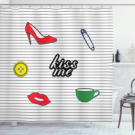 Kiss Me Shower Curtain, Retro Style Sticker Design Shoe Cup Pin and Red Lips on Monochrome Stripes Backdrop, Fabric Bathroom Set with Hooks, 69W X 75L Inches Long, Multicolor, by Ambesonne