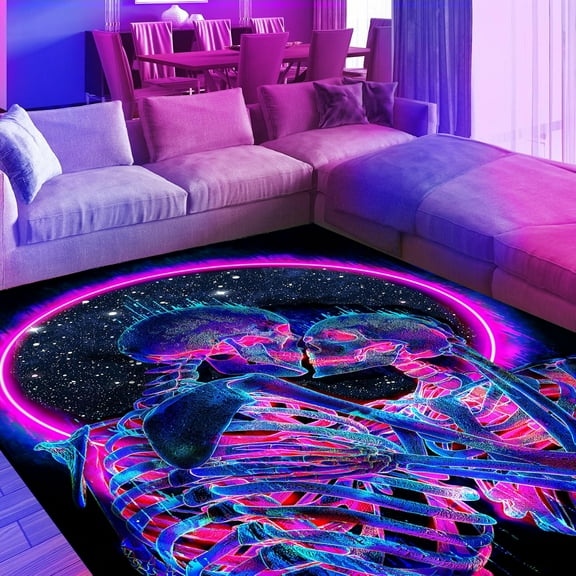 Kiss Skull Area Rug, Neon UV Reactive Couple Skeleton Throw Rug, Romantic Fluorescent Luminous Floor Mat Carpet, Glow in The Dark Decor for Bedroom Lover GFT 70x47inch