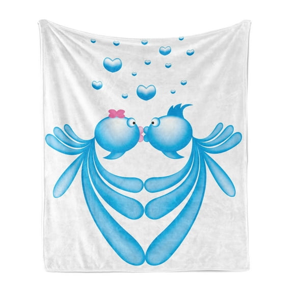Kiss Soft Flannel Fleece Blanket, Abstract Blue Cartoon Fishes Kissing with Bubble Like Heart Shapes Romantic, Cozy Plush for Indoor and Outdoor Use, 70" x 90", Pale Blue Pink White, by Ambesonne