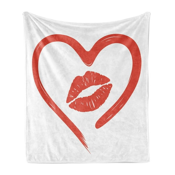Kiss Soft Flannel Fleece Blanket, Heart Drawn in Lipstick and Woman Lip Romance Passion and Tenderness Message, Cozy Plush for Indoor and Outdoor Use, 60" x 80", White and Vermilion, by Ambesonne