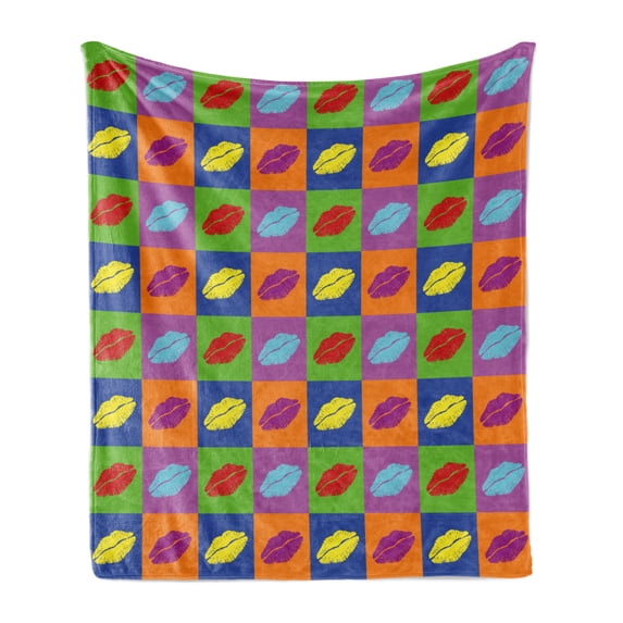 Kiss Soft Flannel Fleece Blanket, Pop Art Style Lipstick Kisses on Vibrant Colored Squares 60's Style Seductive Romantic, Cozy Plush for Indoor and Outdoor Use, 50" x 60", Multicolor, by Ambesonne