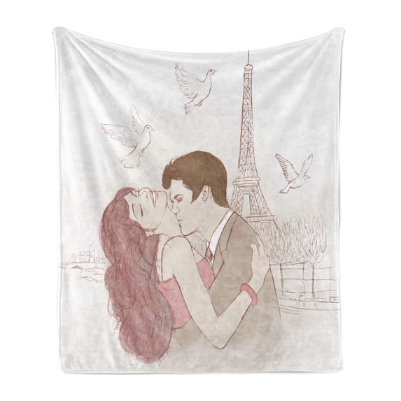 Kiss Soft Flannel Fleece Blanket, Romantic Man and Woman in Front of Eiffel Tower Flying White Birds Love Passion, Cozy Plush for Indoor and Outdoor Use, 70" x 90", Dried Rose Beige, by Ambesonne