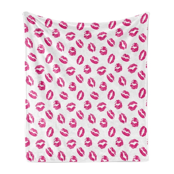 Kiss Soft Flannel Fleece Blanket, Vibrant Colored Lipstick Kiss Print Smooch Abstract Hot Pink Grungy Look Feminine, Cozy Plush for Indoor and Outdoor Use, 50" x 70", Fuchsia White, by Ambesonne