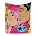 thumbnail image 1 of Kiss Me Soft Flannel Fleece Blanket, Young Couple Kissing Pop Art Style Vintage Drawing with Halftone Circles Backdrop, Cozy Plush for Indoor and Outdoor Use, 60" x 80", Multicolor, by Ambesonne, 1 of 6