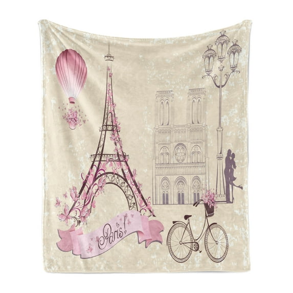 Kiss Soft Flannel Fleece Throw Blanket, Floral Pariss Landmarks Eiffel Tower Hot Air Balloon Bicycle Romantic Couple, Cozy Plush for Indoor and Outdoor Use, 50" x 60", Ivory Pink, by Ambesonne