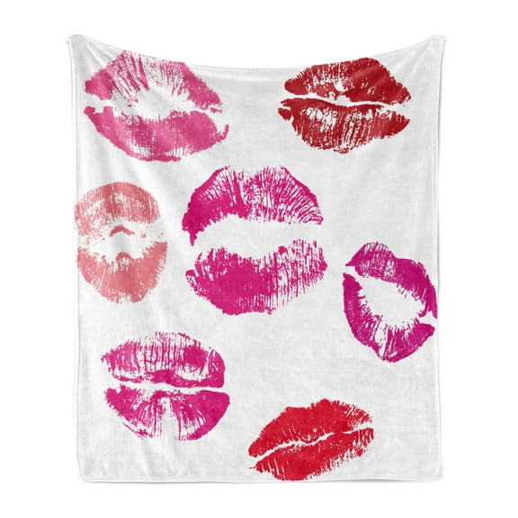 Kiss Soft Flannel Fleece Throw Blanket, Grunge Looking Pink and Red Lipstick Marks Set Beauty Desire Lover Smooch, Cozy Plush for Indoor and Outdoor Use, 70" x 90", Fuchsia Rose Ruby, by Ambesonne