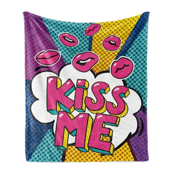 Kiss Soft Flannel Fleece Throw Blanket, Kiss Me Word Bubble in Pop Art Style Retro Colorful Dotted Backdrop with Pink Lips, Cozy Plush for Indoor and Outdoor Use, 50" x 70", Multicolor, by Ambesonne
