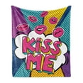thumbnail image 1 of Kiss Soft Flannel Fleece Throw Blanket, Kiss Me Word Bubble in Pop Art Style Retro Colorful Dotted Backdrop with Pink Lips, Cozy Plush for Indoor and Outdoor Use, 50" x 60", Multicolor, by Ambesonne, 1 of 6