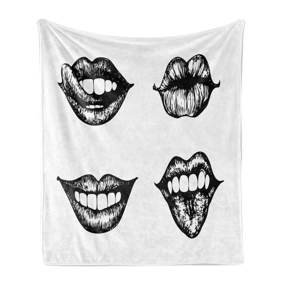 Kiss Soft Flannel Fleece Throw Blanket, Monochromatic Woman Lips in Various Poses, Cozy Plush for Indoor and Outdoor Use, 50" x 70", Charcoal Grey and White, by Ambesonne