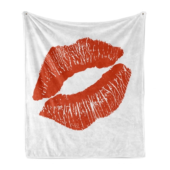 Kiss Soft Flannel Fleece Throw Blanket, Print of Lips Mark on White Background Seductive Trace Grunge Display Print, Cozy Plush for Indoor and Outdoor Use, 70" x 90", Vermilion White, by Ambesonne