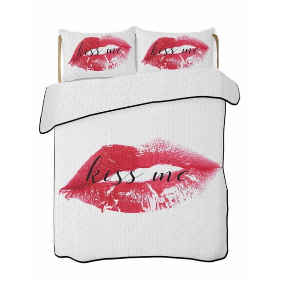 Kiss Me Text Lipprint 3 Pieces Quilt Set, 1 Quilt with 2 Shams, Retro Abstract Red Lips Bedspread Soft Lightweight Bedding Coverlet Comforter Set for All Season 68"x86"