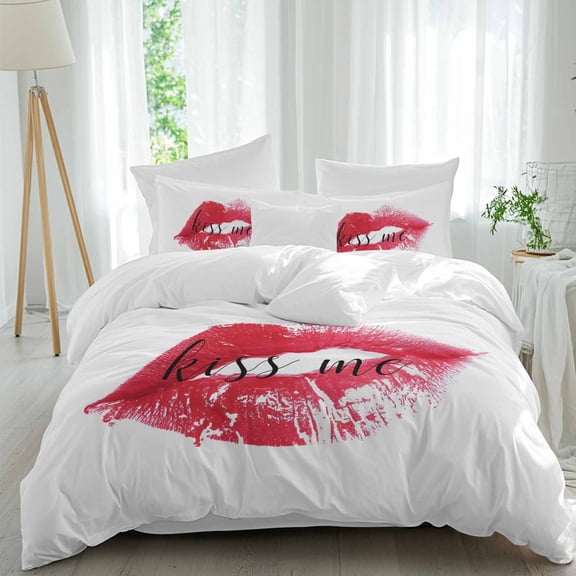 Kiss Me Text Lipprint Full Size Comforter Set, Retro Abstract Red Lips Bedding for All Seasons, 4 Pcs Bed Set, 1Quiltcover (86"x86") ,1Sheet(80"x116"), 2Pillowcases (30"x20")
