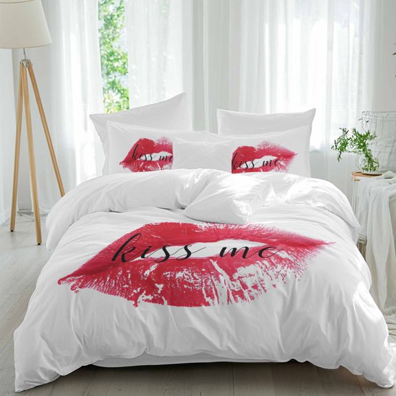 Kiss Me Text Lipprint Queen Size Comforter Set, Retro Abstract Red Lips Bedding for All Seasons, 4 Pcs Bed Set, 1Quiltcover (90"x92") ,1Sheet(94"x116"), 2Pillowcases (30"x20")