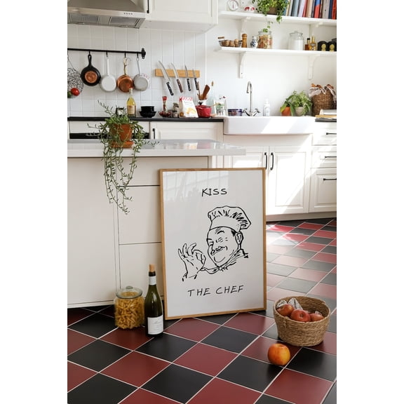 Kiss The Chef Minimal Kitchen Poster, Unframed Paper Poster 8x10in