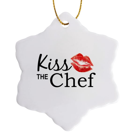 Kiss The Chef - Red Flirty Lipstick Mark Kisses With Stylish Black Text - For Cooks And Cooking Fans, 3 inch Snowflake Porcelain Ornament