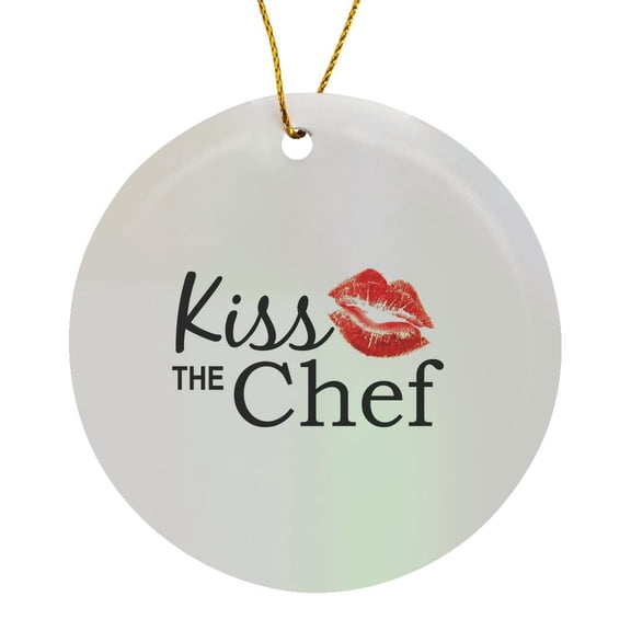 Kiss The Chef - Red Flirty Lipstick Mark Kisses With Stylish Black Text - For Cooks And Cooking Fans, Circle Porcelain Ornament