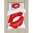 thumbnail image 1 of Kiss Twin Size Duvet Cover Set, Print of Red Lips Kiss Mark on White Background Seductive Trace with Grunge Display, Decorative 2 Piece Bedding Set with 1 Pillow Sham, White Red, by Ambesonne, 1 of 3