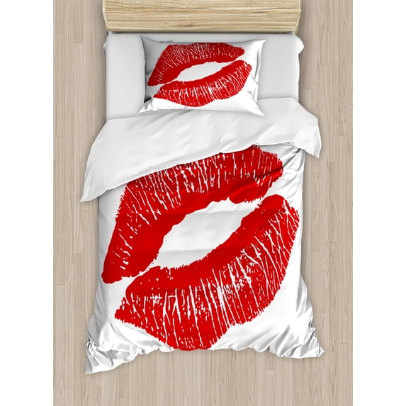 Kiss Twin Size Duvet Cover Set, Print of Red Lips Kiss Mark on White Background Seductive Trace with Grunge Display, Decorative 2 Piece Bedding Set with 1 Pillow Sham, White Red, by Ambesonne