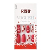 Kiss VOGUISH Fantasy Matte Red & Glossy Finish White Long Length Nails Coffin Shape FV17X Love Script w/ Red Hearts Limited Edition 1 Pack