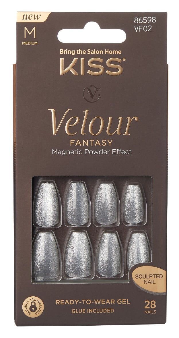 Kiss Velour Fantasy Nails 28 Count Medium Silver (Pack of 3)