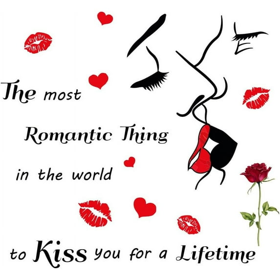 Kiss and Red Lips Wall Stickers Roses Wall Decals Peel and Stick Removable Colorful Wall Stickers for Women's Bedroom Living Room Decor