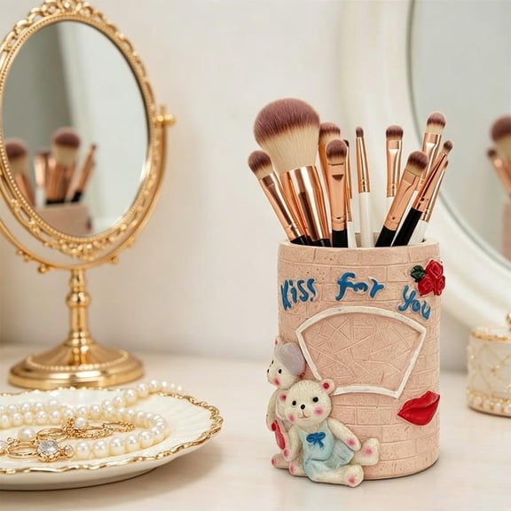 Kiss for You Resin Makeup Brush Holder with Teddy Bears & Rose  Vintage Pink Vanity Organizer for Brushes, Pens & Desk Decor (4.06" Tall)