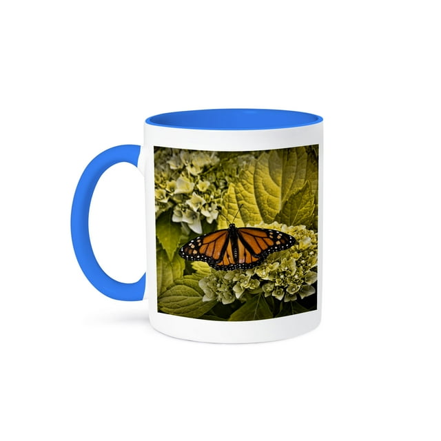 3dRose, Kiss of the Butterfly in Spring with Flowers, 15oz Two-Tone Blue Mug