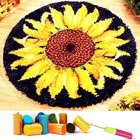 KissDate Latch mat kit - Crochet thread kit - Pre-printed acrylic - For beginners - For easy handmade crafts - Sunflower, 53 x 53 cm
