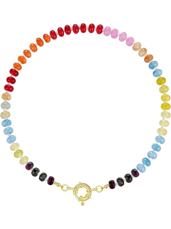 Beaded Gemstone Necklace for Women, Colorful Boho Bead Choker Natural Stone Surfer Beach Necklaces Gold Plated Summer Handmade Jewelry