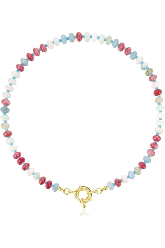 Beaded Gemstone Necklace for Women, Colorful Boho Bead Choker Natural Stone Surfer Beach Necklaces Gold Plated Summer Handmade Jewelry