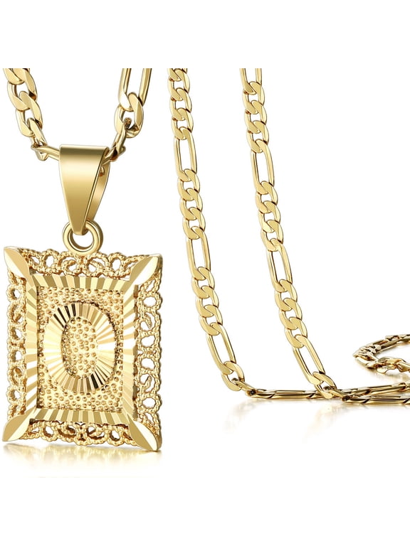 Initial Letter Pendant Necklace for Men Womens, 18K Gold Plated Square Capital Monogram Necklace Alhpabets from A-Z Figaro Chain Necklace(Gold O)