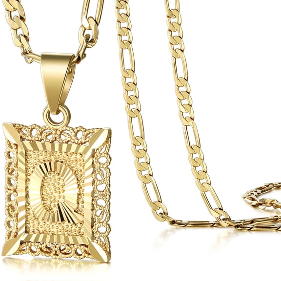 KissYan Initial Letter Pendant Necklace for Men Womens, 18K Gold Plated Square Capital Monogram Necklace Alhpabets from A-Z Figaro Chain Necklace(Gold Q)