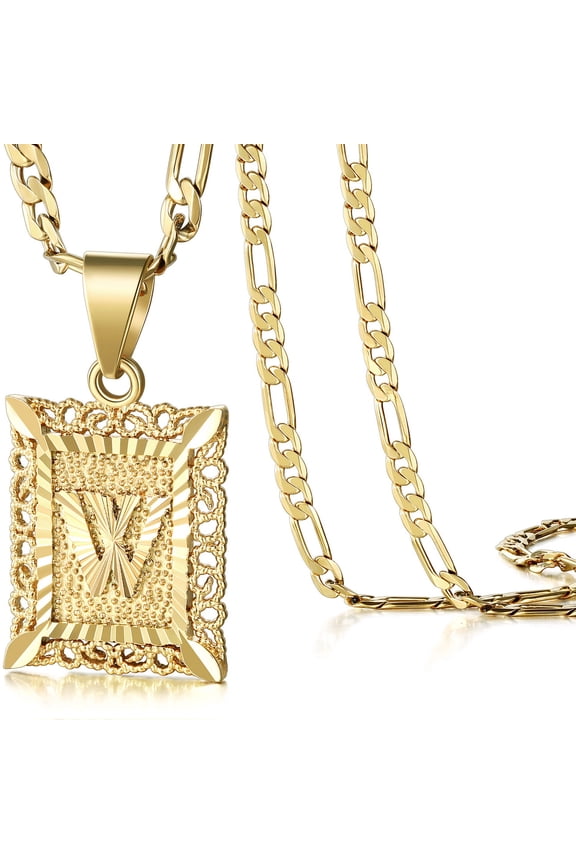 Initial Letter Pendant Necklace for Men Womens, 18K Gold Plated Square Capital Monogram Necklace Alhpabets from A-Z Figaro Chain Necklace(Gold W)