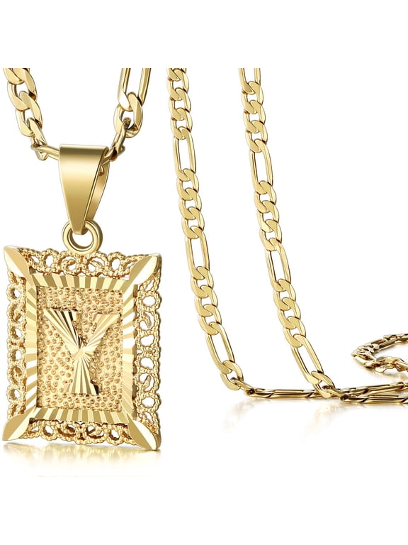 Initial Letter Pendant Necklace for Men Womens, 18K Gold Plated Square Capital Monogram Necklace Alhpabets from A-Z Figaro Chain Necklace(Gold Y)
